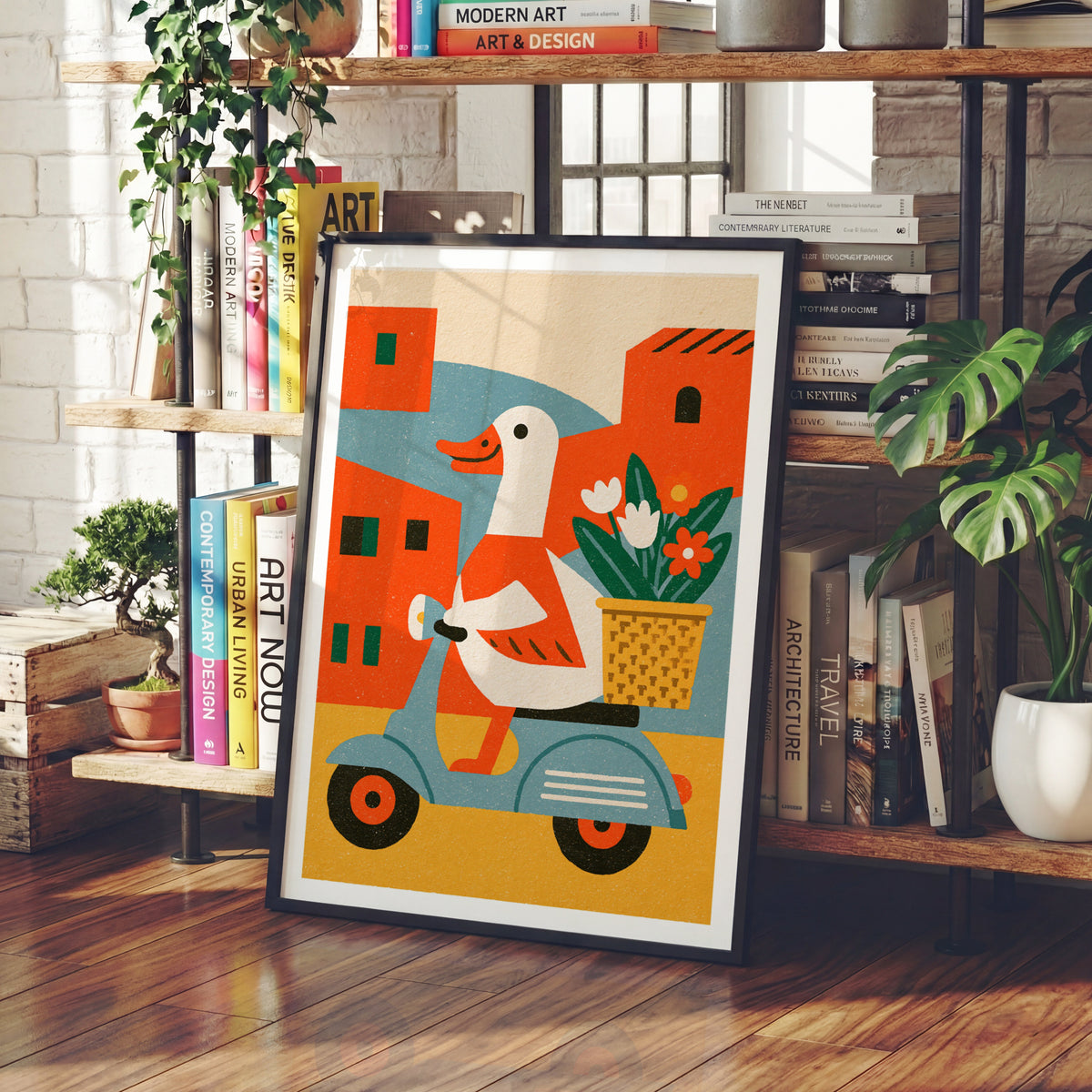 Retro Duck on Scooter Art Print, Vintage Illustrated Animal Poster, Colourful Funky Wall Art