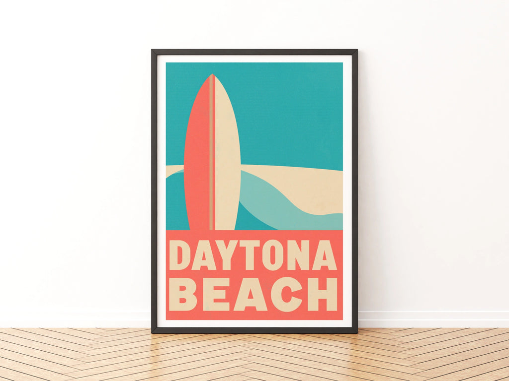 Daytona Beach Retro Surf Poster, Florida Vintage Travel Print, Surfboard Wall Art