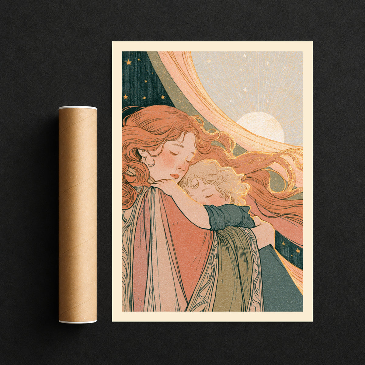 Mother and Child Art Print, Art Nouveau Poster, Celestial Moon and Stars, Nursery Wall Decor
