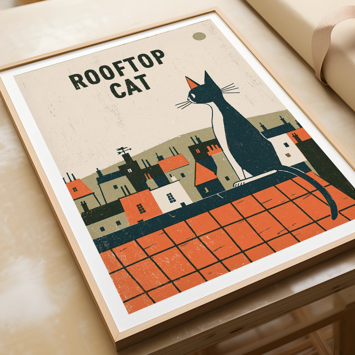 Rooftop Cat Print, Retro Black Cat Wall Art, Folk Style Cat Lover Gift, Vintage Town