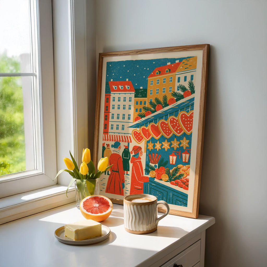 Vintage Food Poster Print, Christmas Market Stall, Rustic Kitchen Decor, Retro Mid Century Risograph