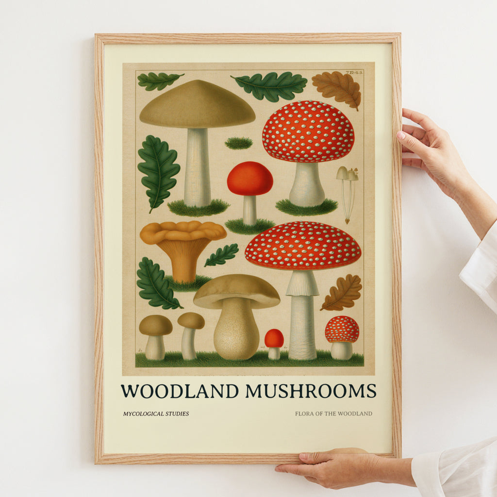 Woodland Mushrooms Botanical Print, Vintage Fungi Wall Art, Fly Agaric, Oak Leaves Nature Poster