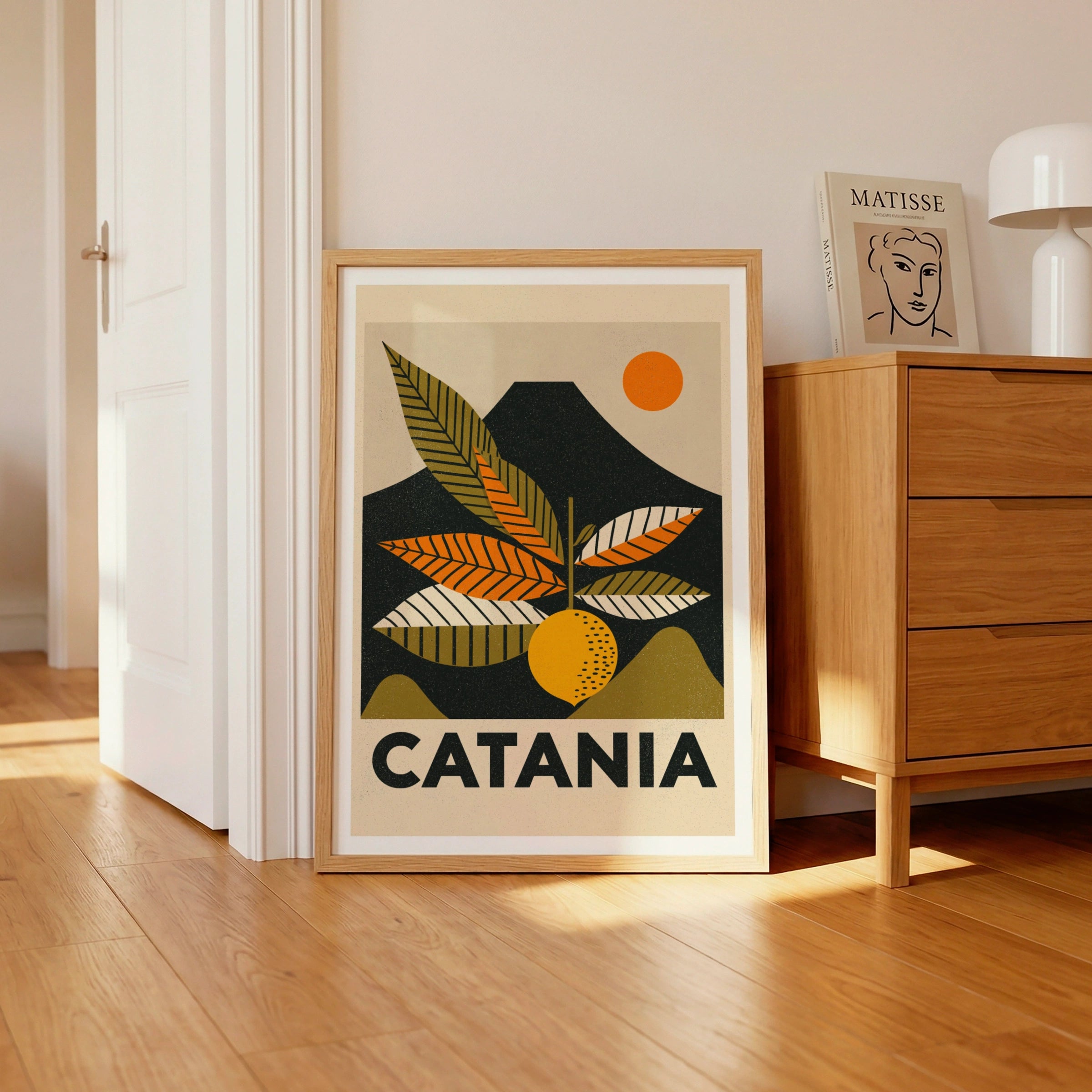 Catania Retro Travel Poster, Sicily Italy Print, Vintage Travel Wall Art, Citrus Orange Etna