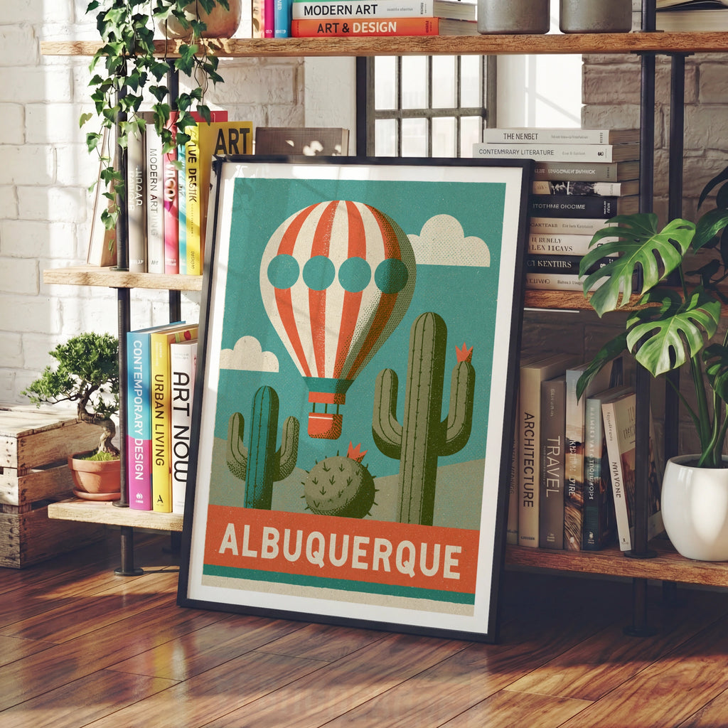 Albuquerque Retro Travel Poster, New Mexico Hot Air Balloon Cactus Desert Wall Art Print