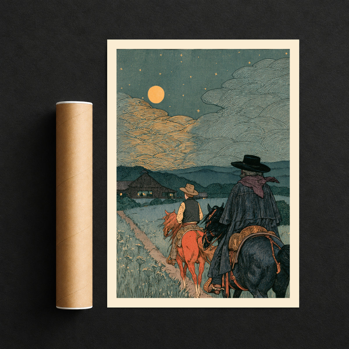 Western Cowboy Wall Art, Night Ride Poster, Moonlit Ranch Landscape Print, Rustic Nature Decor