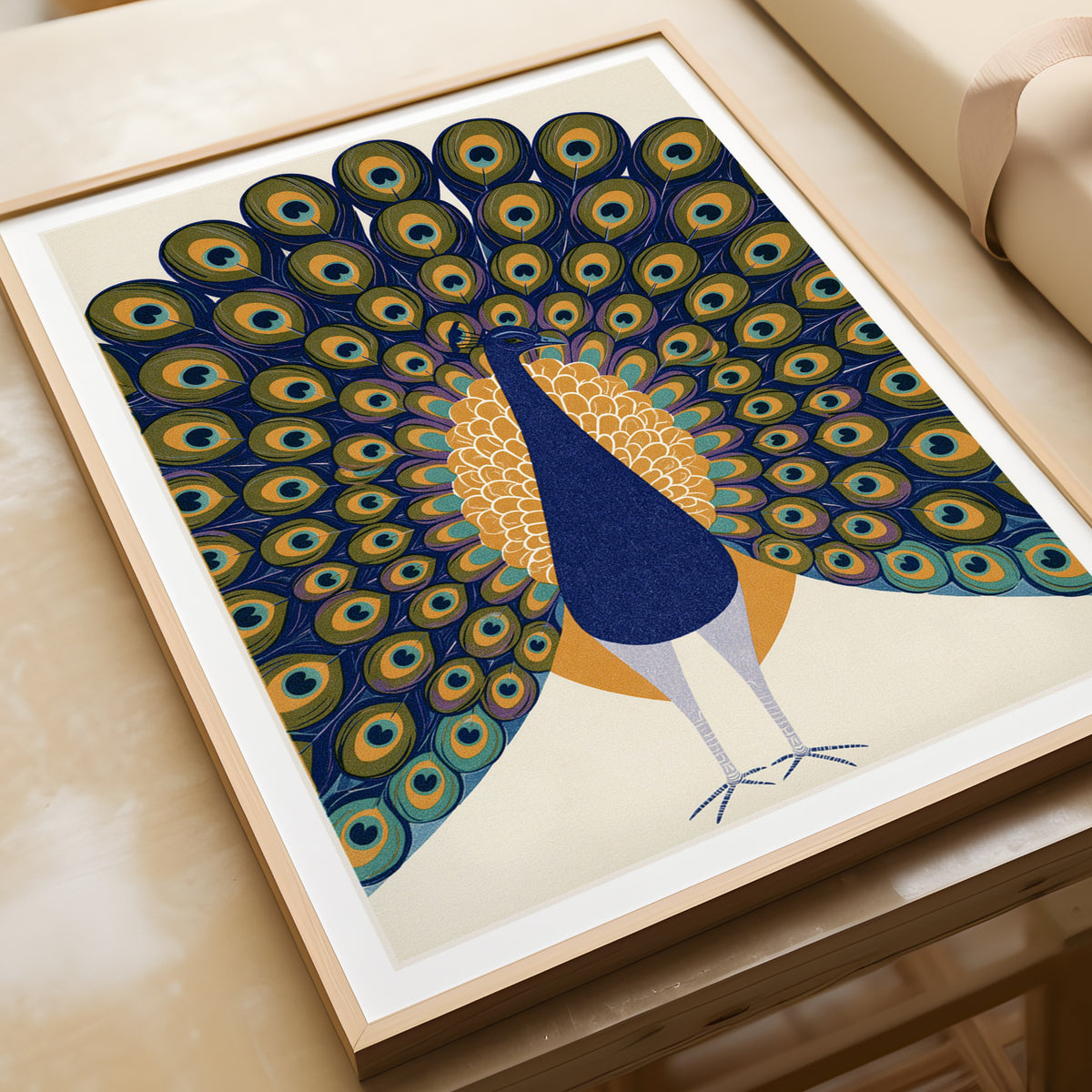 Retro Peacock Print, Vintage Style Bird Poster, Mid Century Animal Wall Art, Navy Blue Gold Feathers