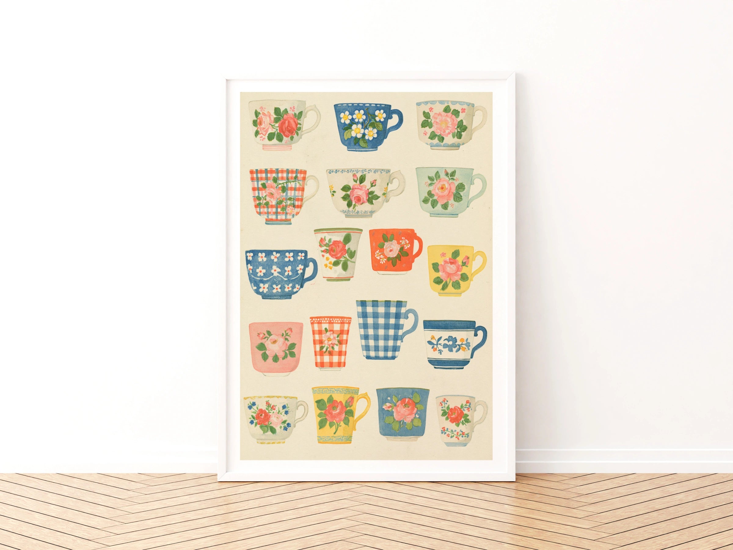 Vintage Tea Cup Poster Print | Rustic Kitchen Decor | Retro Mid Century Risograph Floral Mugs Art