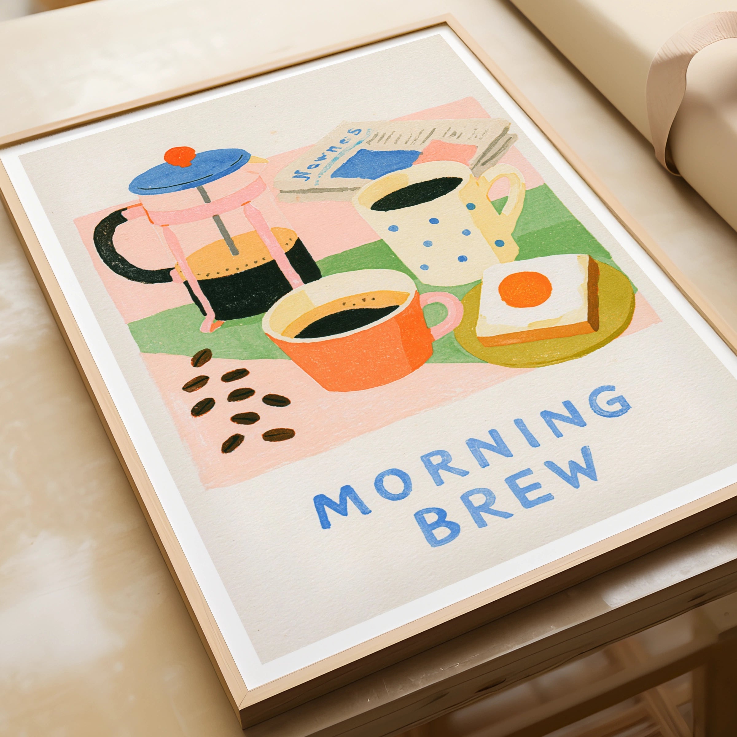 Morning Brew Vintage Food Poster Print | Rustic Kitchen Decor | Retro Mid Century Risograph Coffee