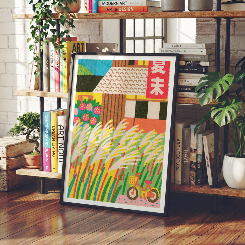 Retro Japanese Matchbox Art Print, Pampas Grass Poster, Vintage Style Bicycle Illustration Wall Art