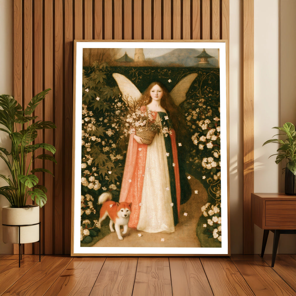 Fairy Girl with Shiba Inu Art Print, Cherry Blossom Angel Poster, Classic Inspired Floral Wall Art