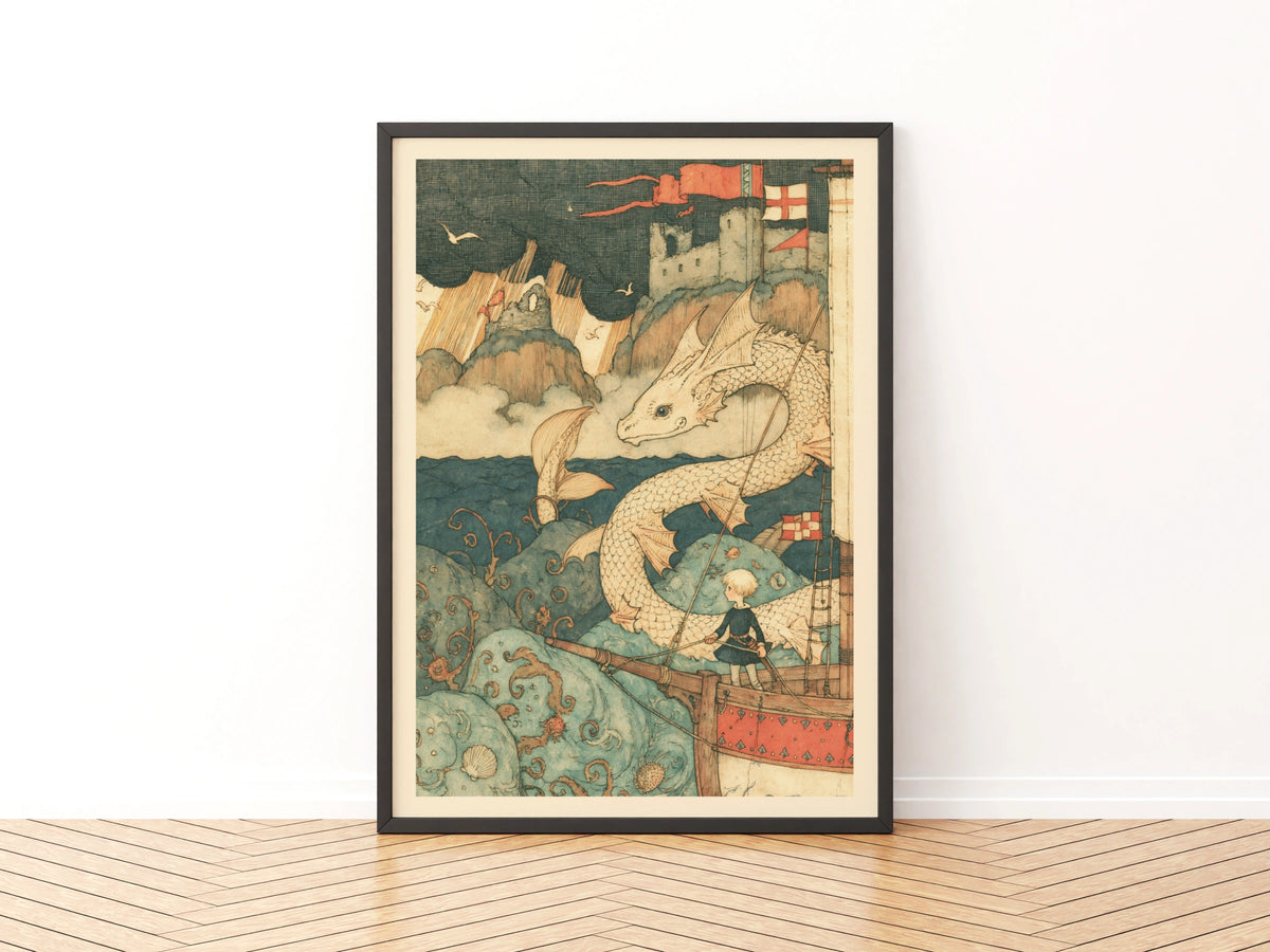  Dragon & Knight Children's Print, Fantasy Sea Adventure, Kids Wall Art Collectable Art