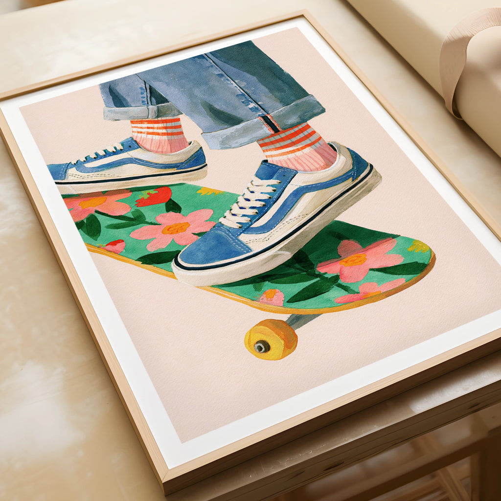 Retro Skater Print, Floral Skateboard Poster, Kids Room Wall Art, Colourful Children's Collectable