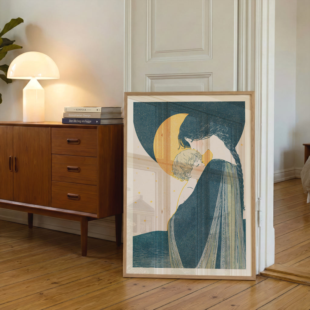 Mother and Child Art Print, Vintage Crescent Moon Poster, Nursery Wall Art, Starry Night