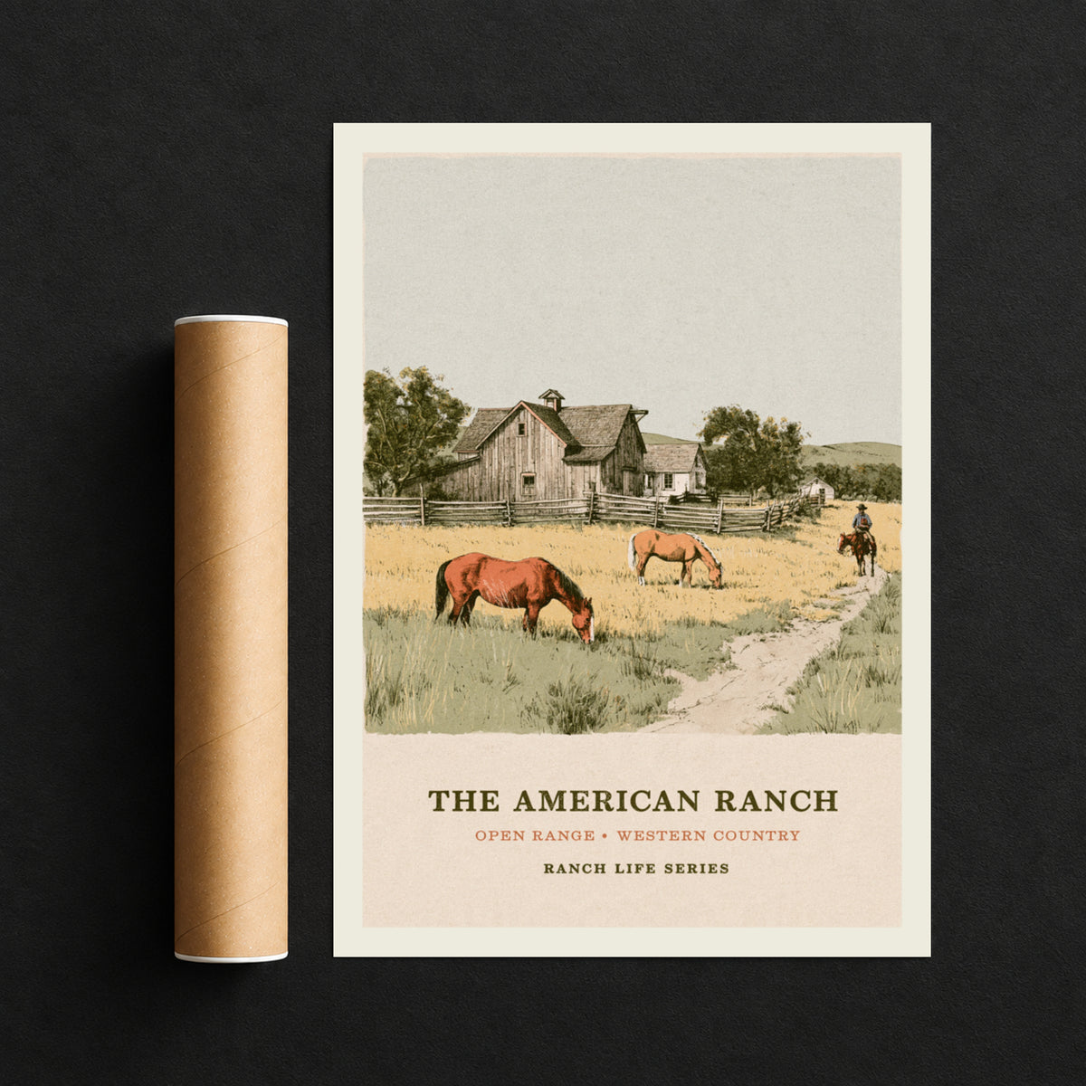 The American Ranch Poster, Vintage Western Wall Art, Horses Grazing, Rustic Barn Landscape Print