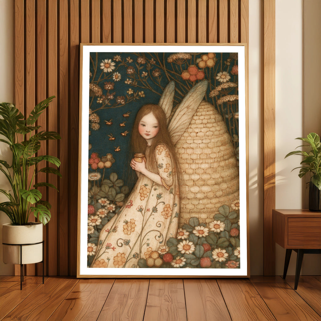 Fairy Girl Bee Skep Print, Classic Folk Art Poster, Floral Botanical Whimsical Wall Art