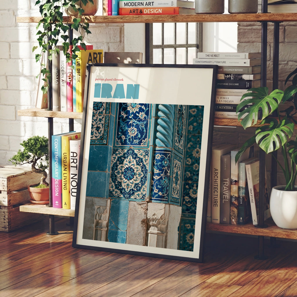 Iran Travel Poster, Persian Tilework Print, Contemporary Middle East Wall Art, Teal Blue Decor