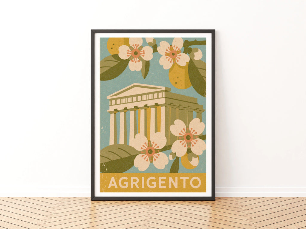 Agrigento Sicily Vintage Travel Poster, Italy Greek Temple Wall Art Print