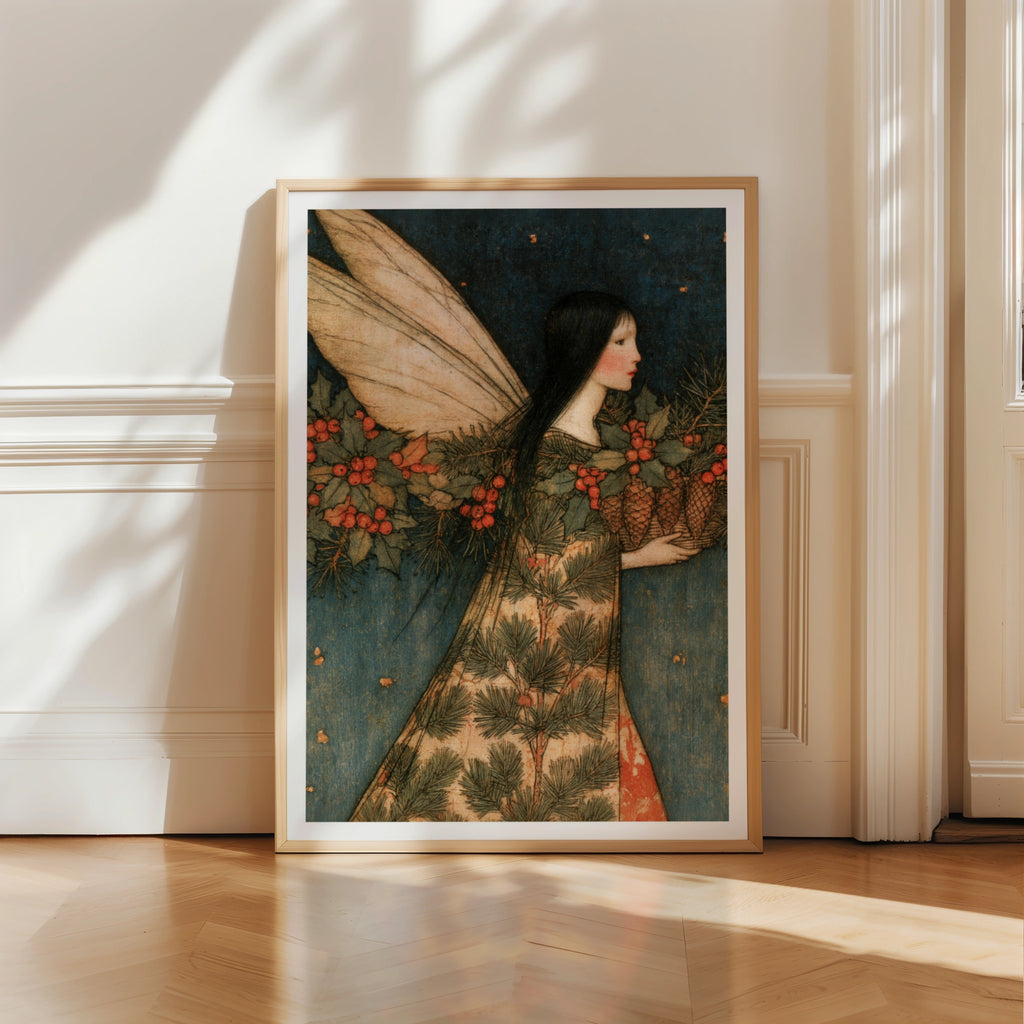 Winter Fairy Art Print, Christmas Folk Poster, Holly Berry Pine Cone Classic Inspired Wall Art