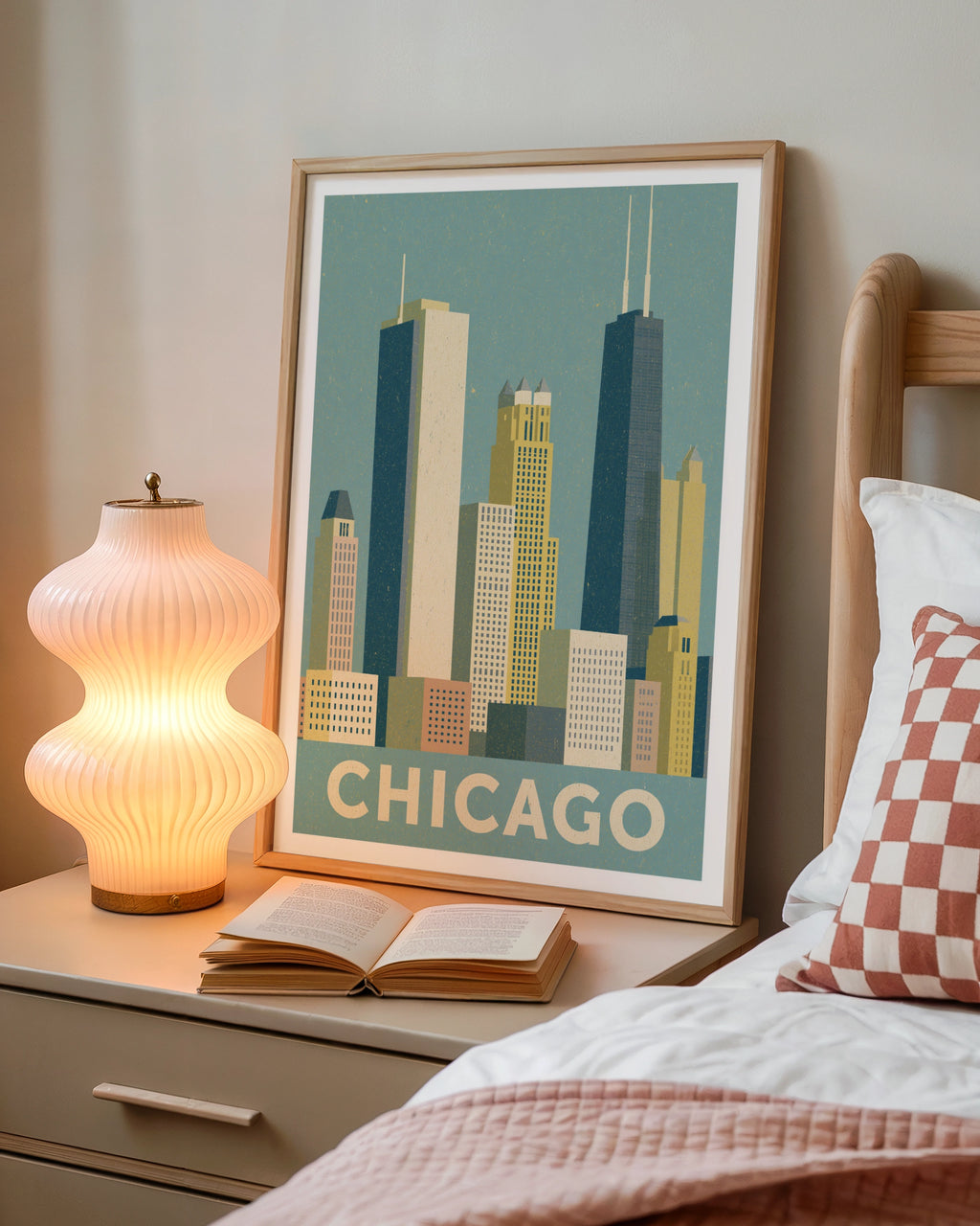 Chicago Skyline Retro Travel Poster, Vintage City Print, Illinois Wall Art