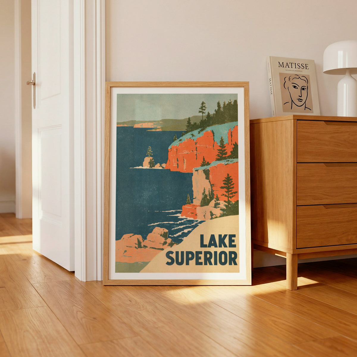 Retro Lake Superior Poster, Vintage Travel Print, Great Lakes Cliffs, Cabin Wall Art, Nature Decor