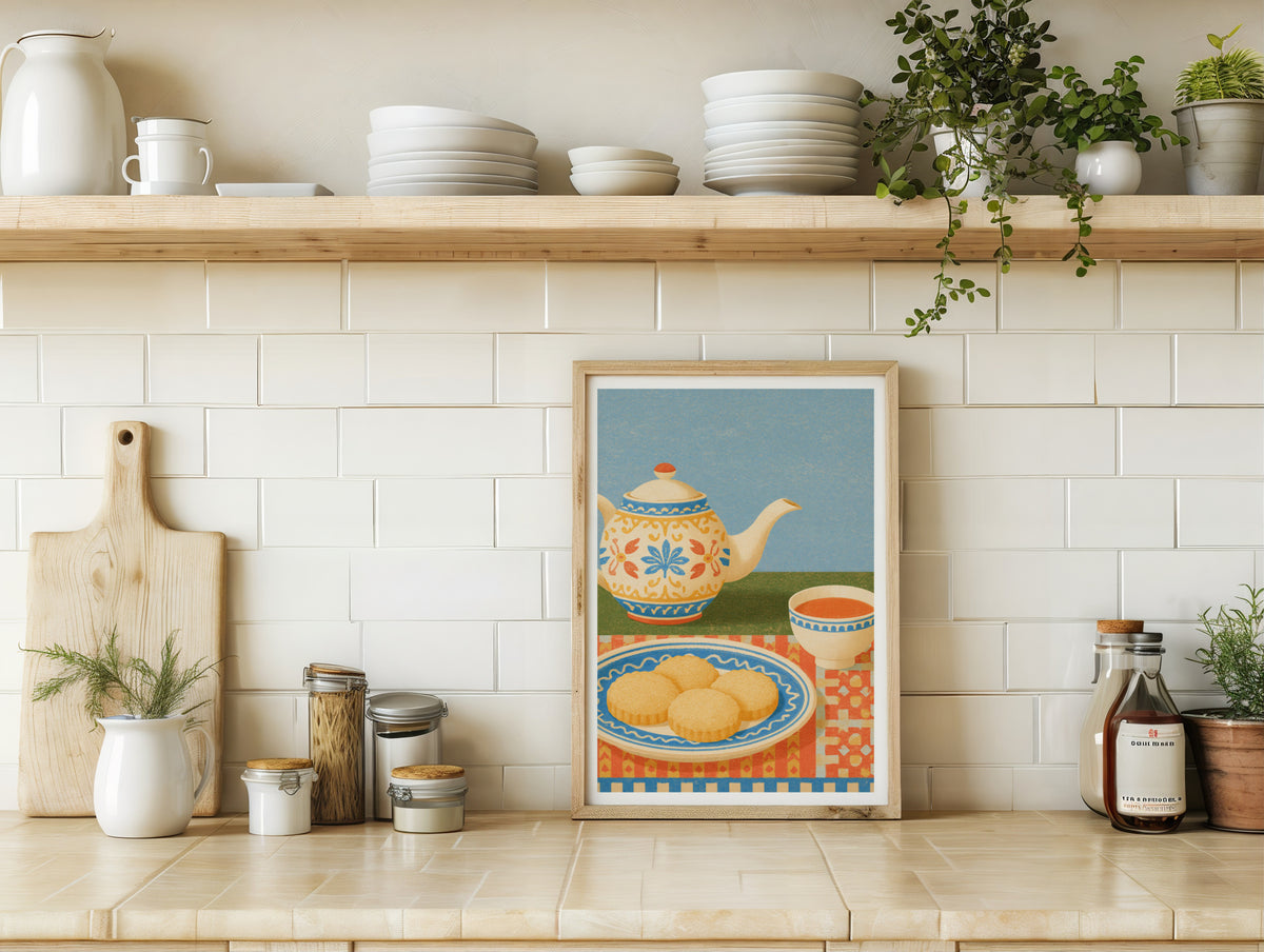 Vintage Food Poster Print, Teapot Biscuits Art, Rustic Kitchen Decor, Retro Mid Century Risograph