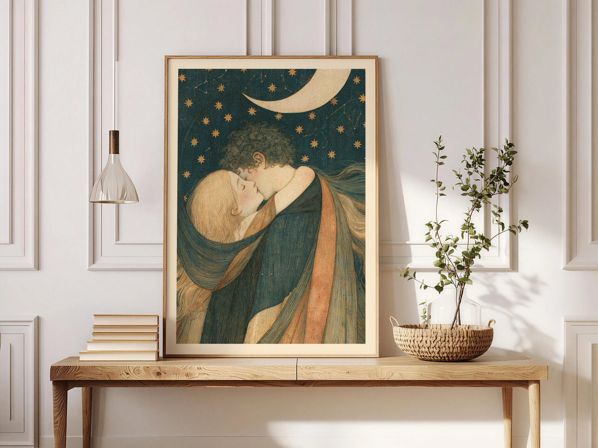 Celestial Lovers Art Print, Crescent Moon and Stars Wall Art, Vintage Romantic Embrace Poster