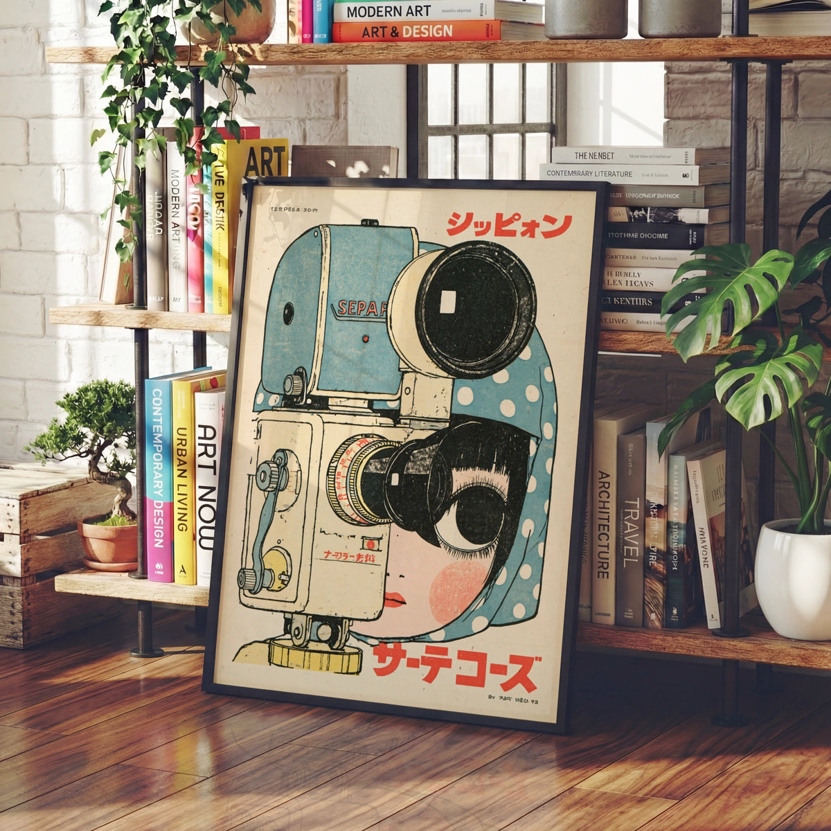 Japanese Retro Camera Girl Poster, Vintage Manga Style Wall Art, Polka Dot Print