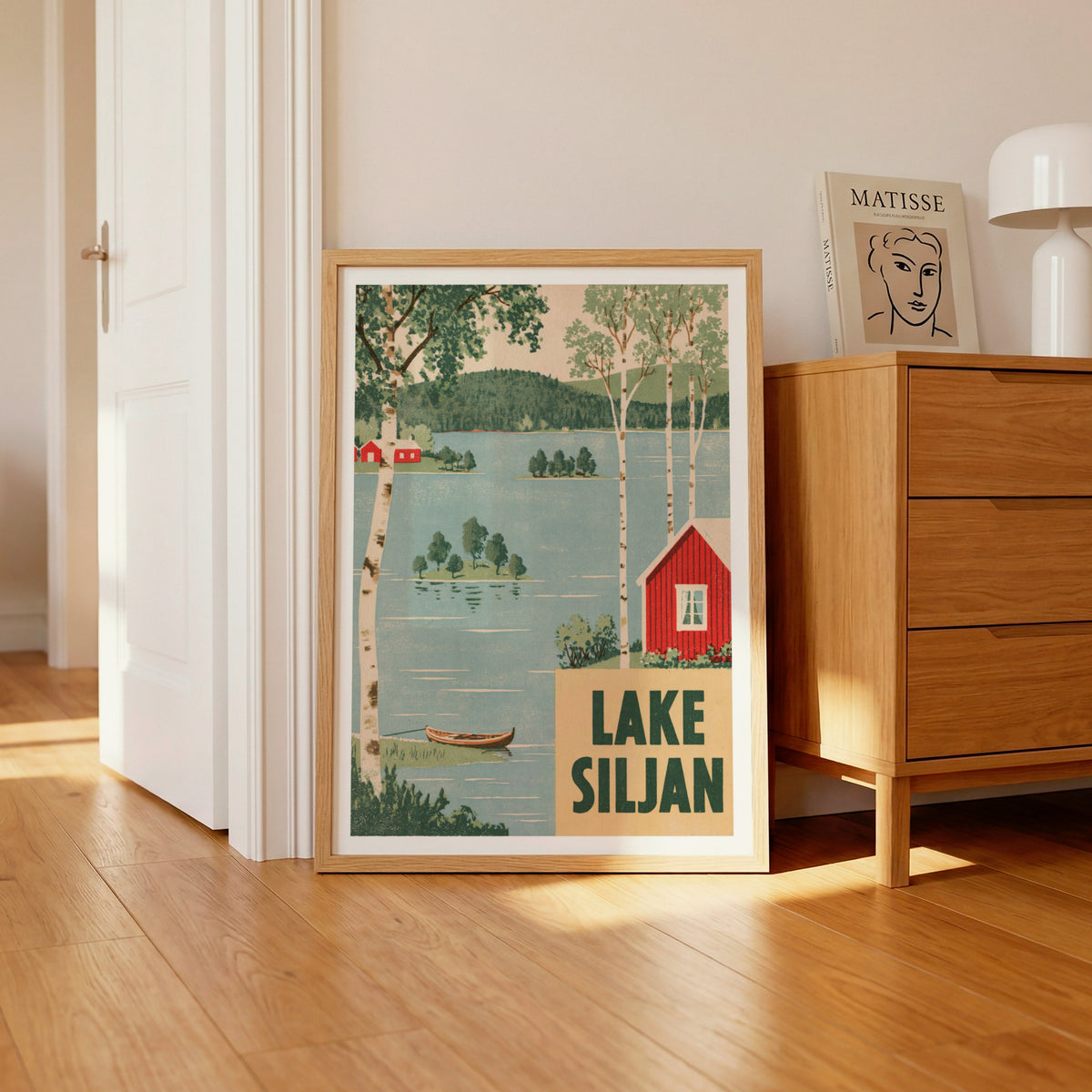 Retro Lake Siljan Sweden Print, Vintage Travel Poster, Red Cabin Birch Trees, Scandinavian Wall Art