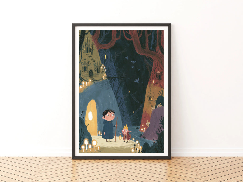 Retro Children's Fantasy Cave Print, Folk Art Kids Poster, Elf King Boy Adventure Wall Art