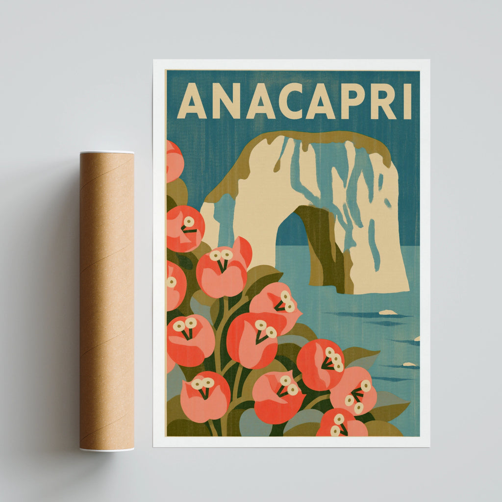 Anacapri Vintage Travel Poster, Capri Island Italy Wall Art, Retro Floral Print
