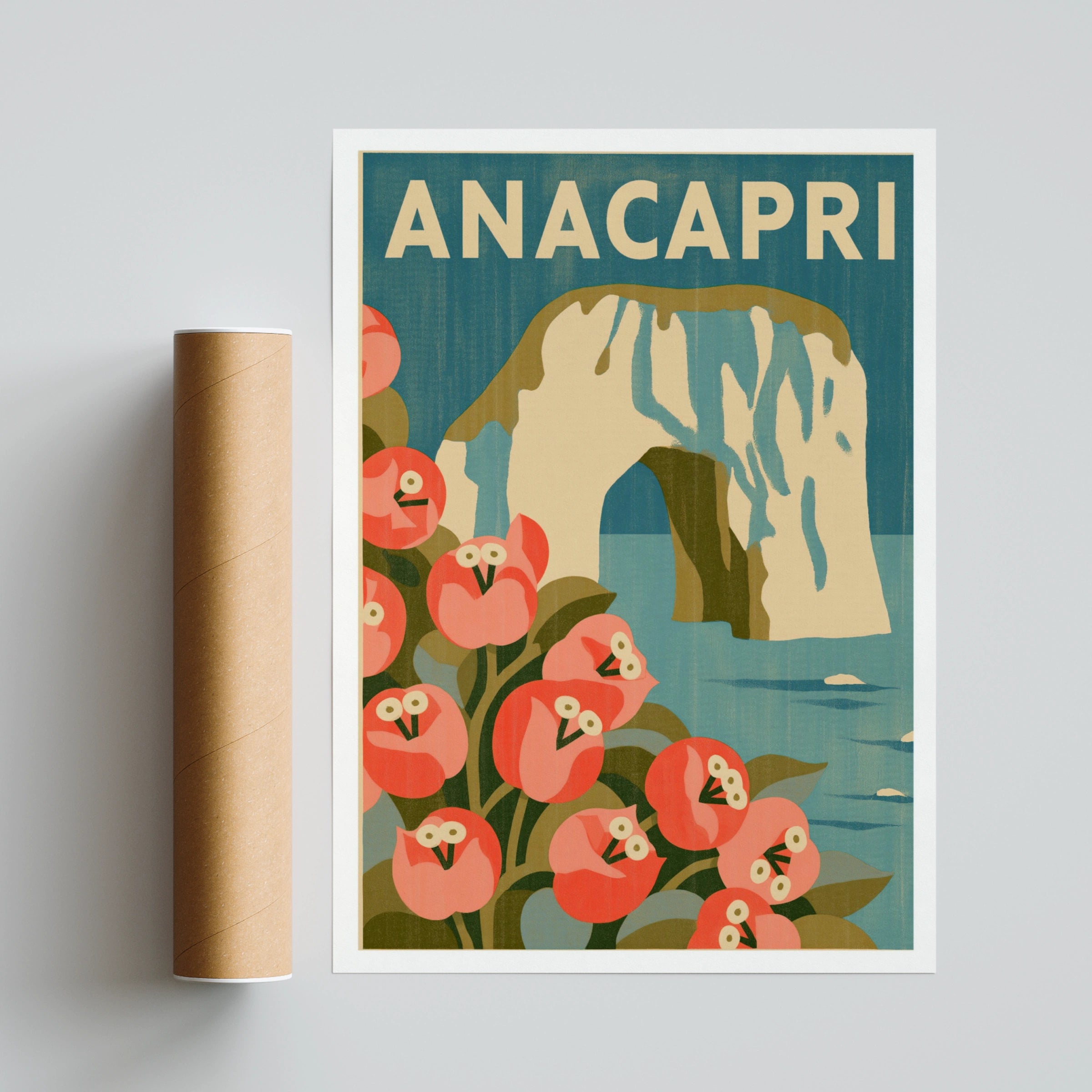Anacapri Vintage Travel Poster, Capri Island Italy Wall Art, Retro Floral Print