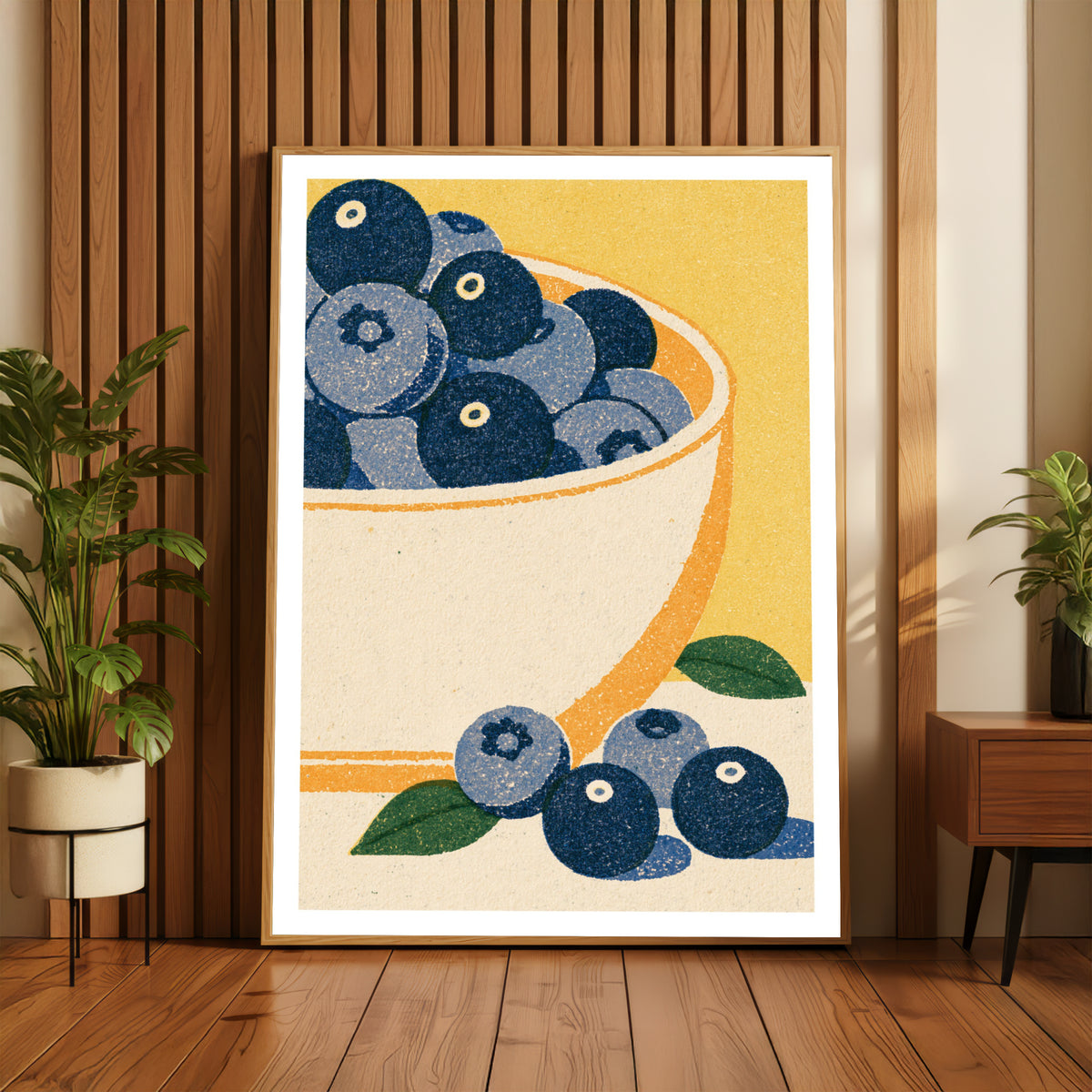 Vintage Food Poster Print | Rustic Kitchen Decor, Blueberry Bowl Art, Mid Century Fruit Wall Art