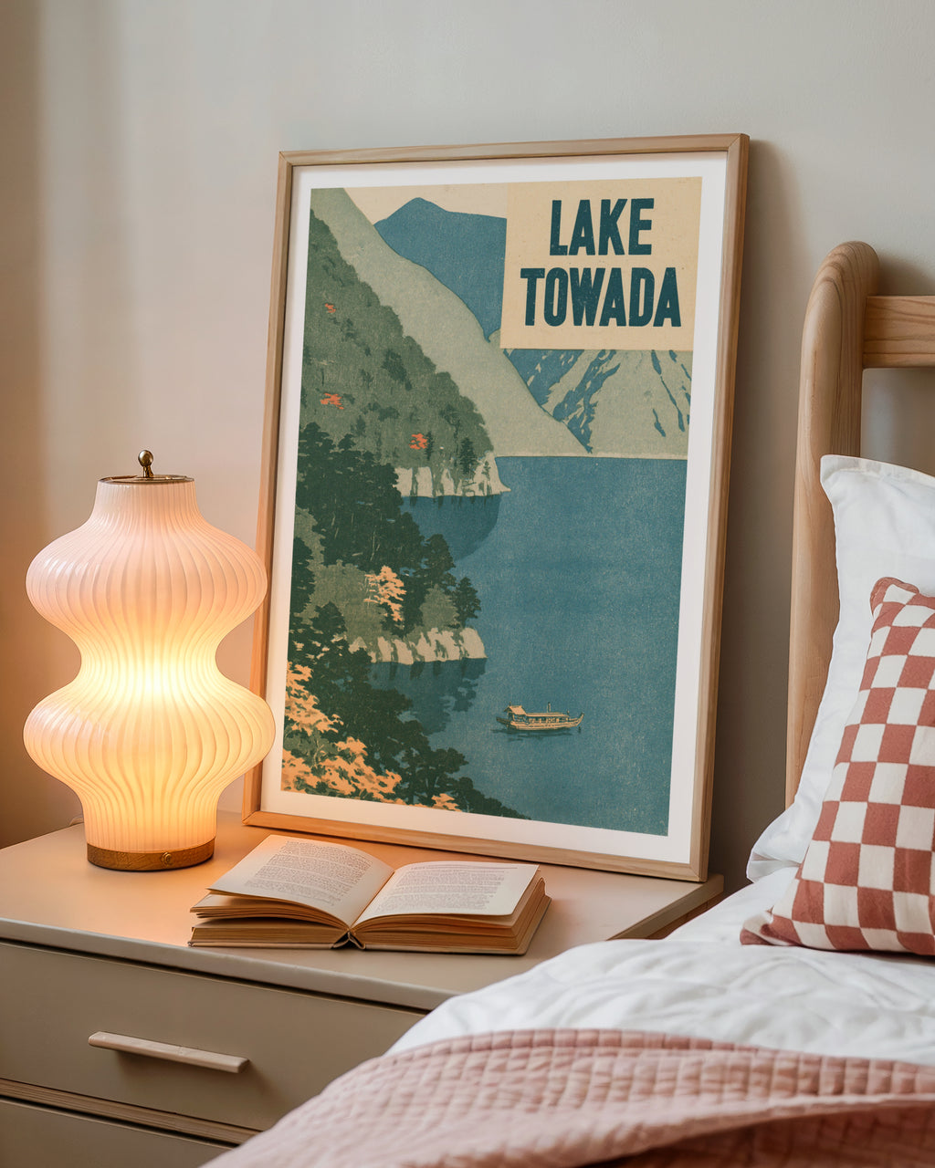 Retro Lake Towada Japan Travel Poster, Vintage Travel Woodblock Style Print, Japanese Wall Art
