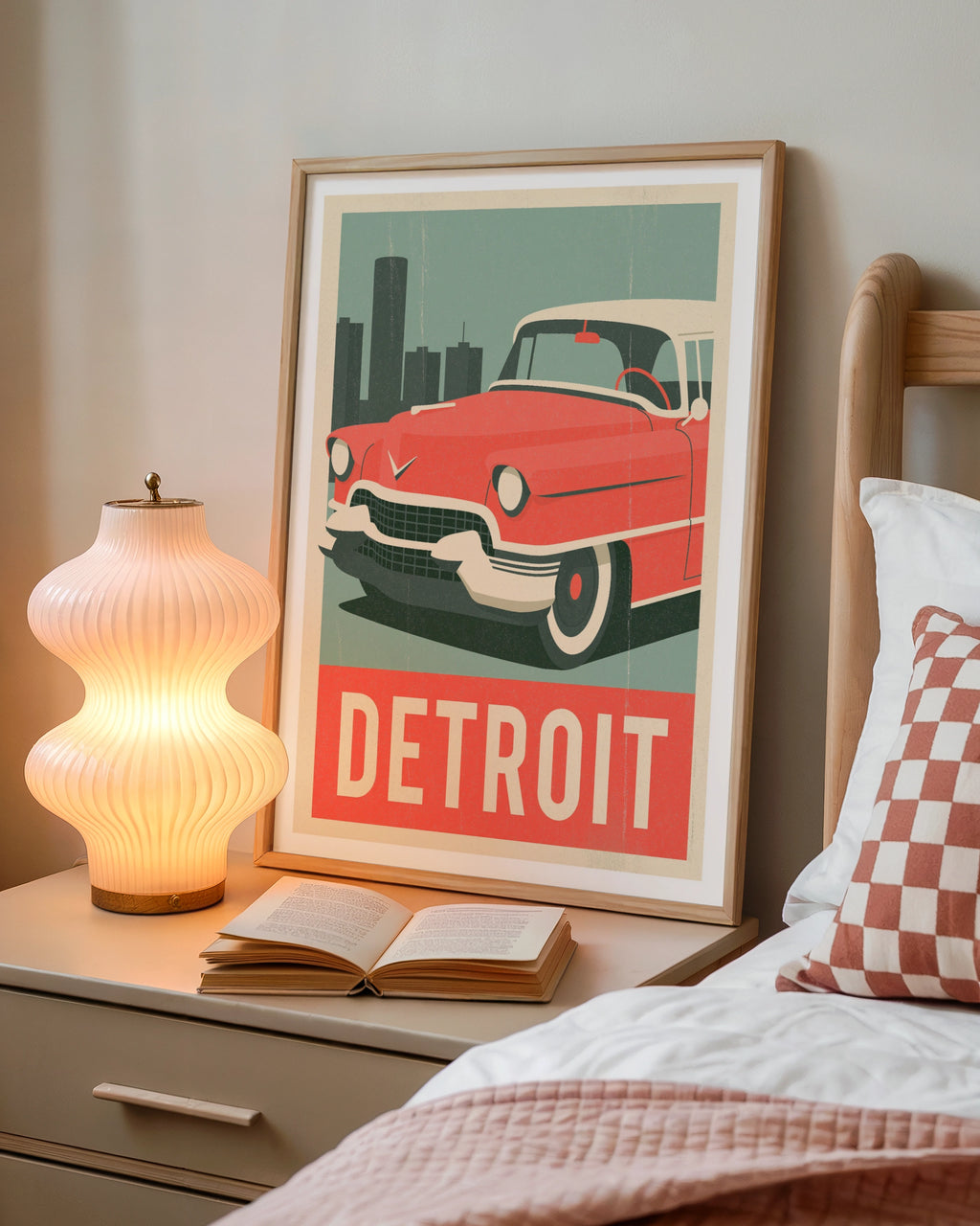 Detroit Retro Travel Poster, Classic American Car Print, USA City Wall Art Gift