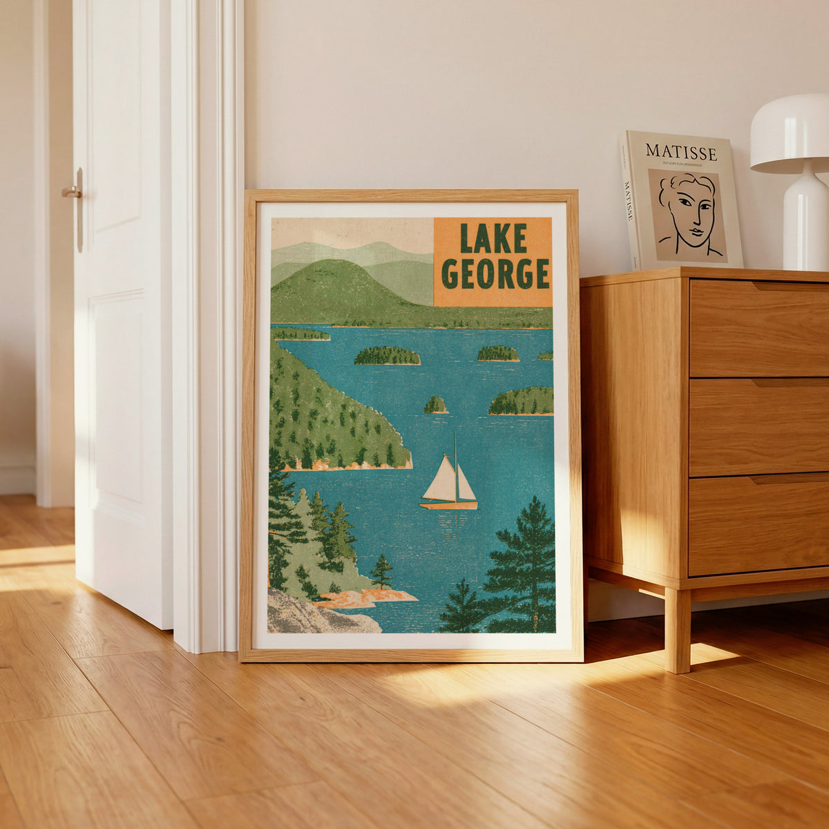 Retro Lake George Poster, Vintage Travel Print, New York Adirondacks Sailboat Wall Art, Lake House