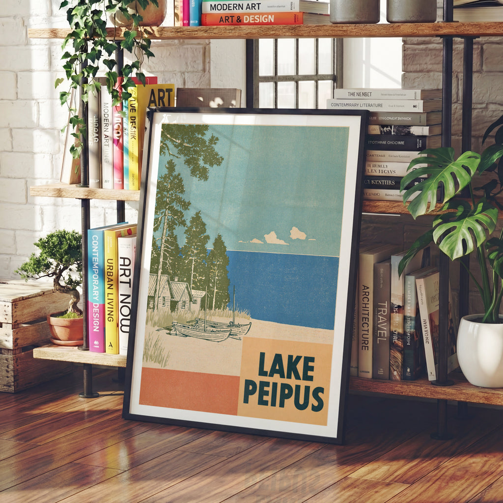Lake Peipus Print, Retro Estonia Travel Poster, Vintage Travel Wall Art, Baltic Lakeside Beach Boats