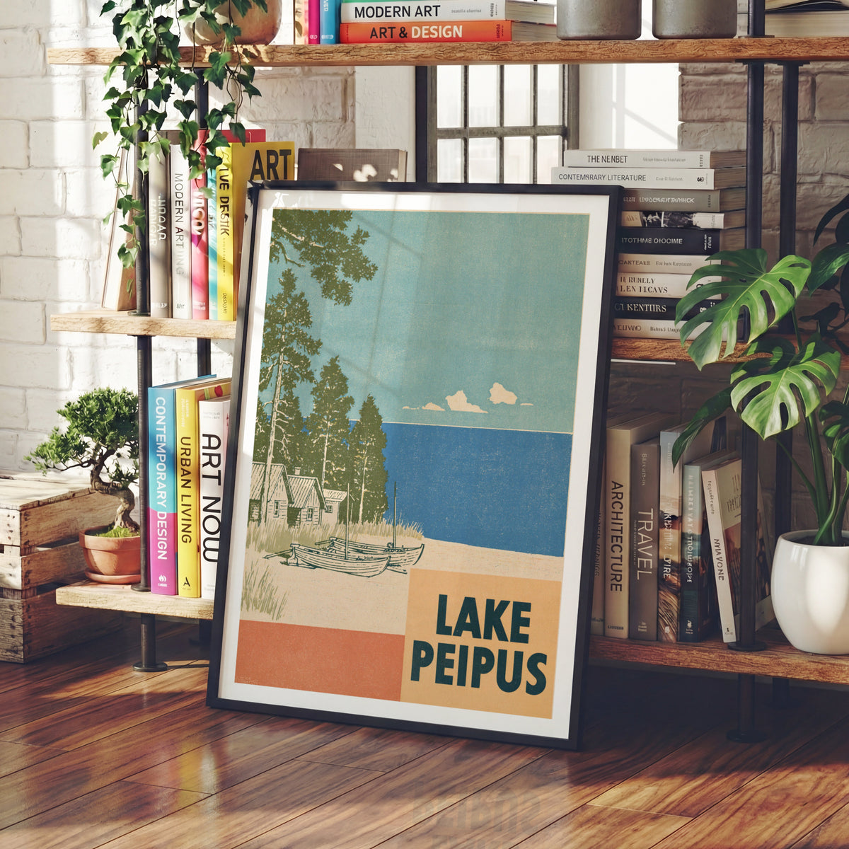 Lake Peipus Print, Retro Estonia Travel Poster, Vintage Travel Wall Art, Baltic Lakeside Beach Boats