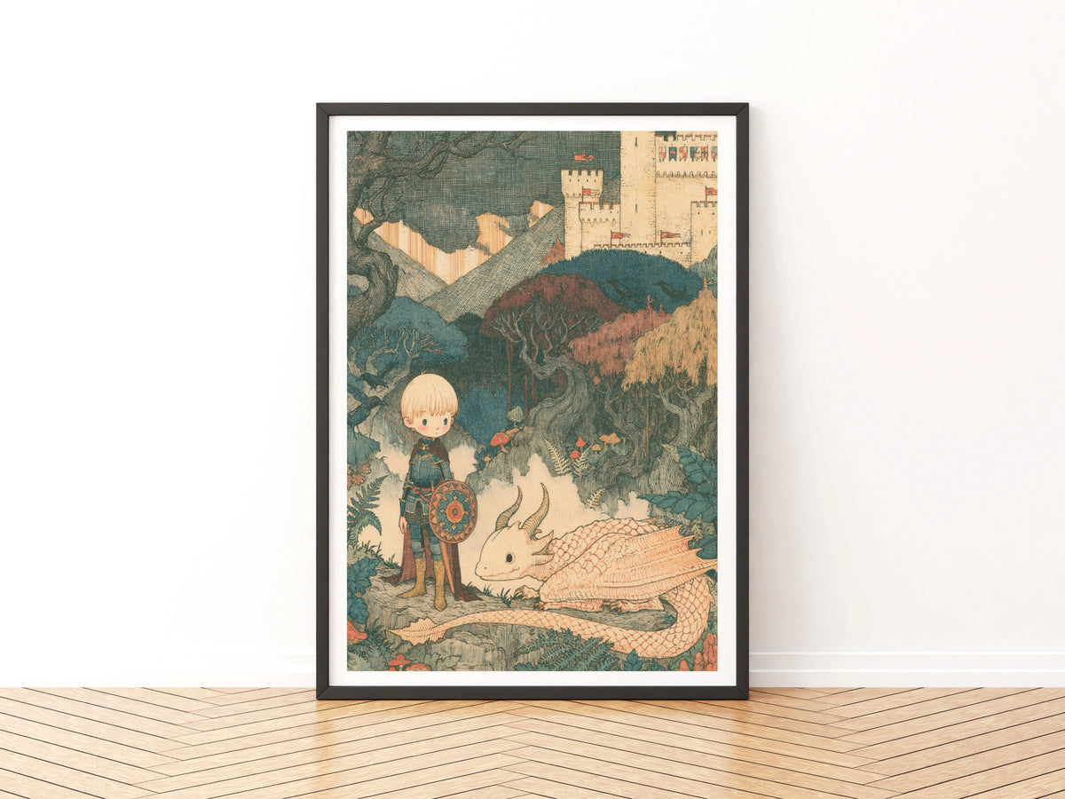 Retro Children's Print, Boy Knight Dragon Castle, Fantasy Kids Wall Art Poster