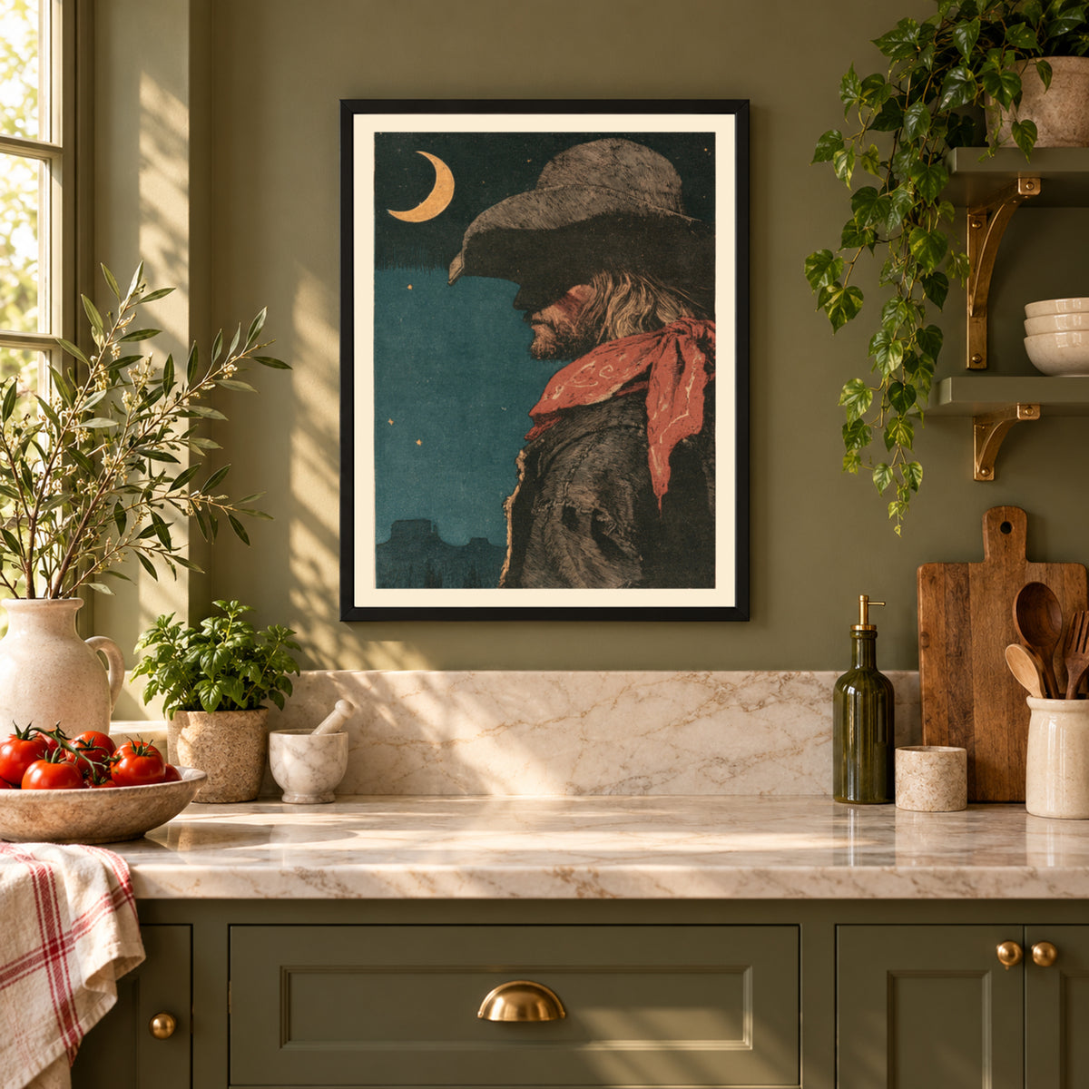 Western Cowboy Print, Vintage Woodcut Style Wall Art, Crescent Moon Desert Night, Red Bandana Poster