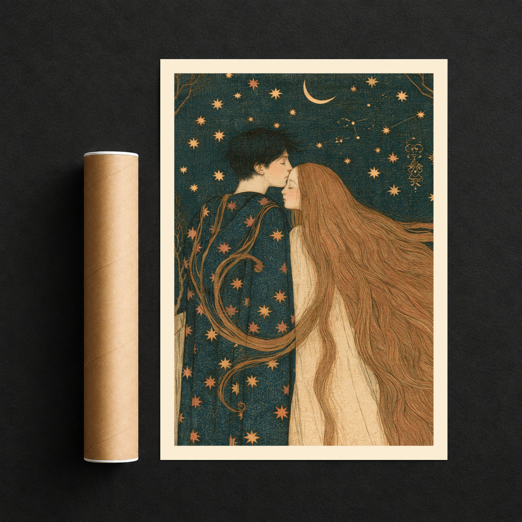 Celestial Lovers Wall Art, Starry Night Couple Poster, Crescent Moon Romantic Vintage Print, Bedroom