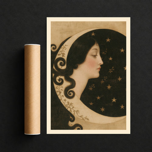 Vintage Art Nouveau Moon Goddess Print, Crescent Moon and Stars, Celestial Woman Portrait Poster