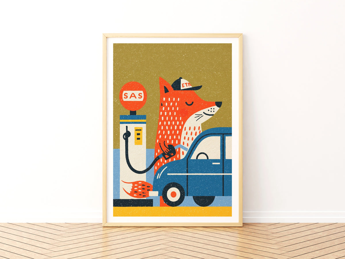 Retro Fox Gas Station Art Print, Vintage Animal Wall Art, Folk Style Car Print, Kids Room Decor