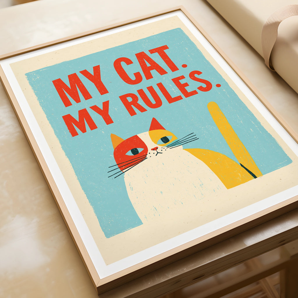 My Cat My Rules Print, Retro Cat Wall Art, Funny Cat Gift, Folk Style Cat Lovers Art