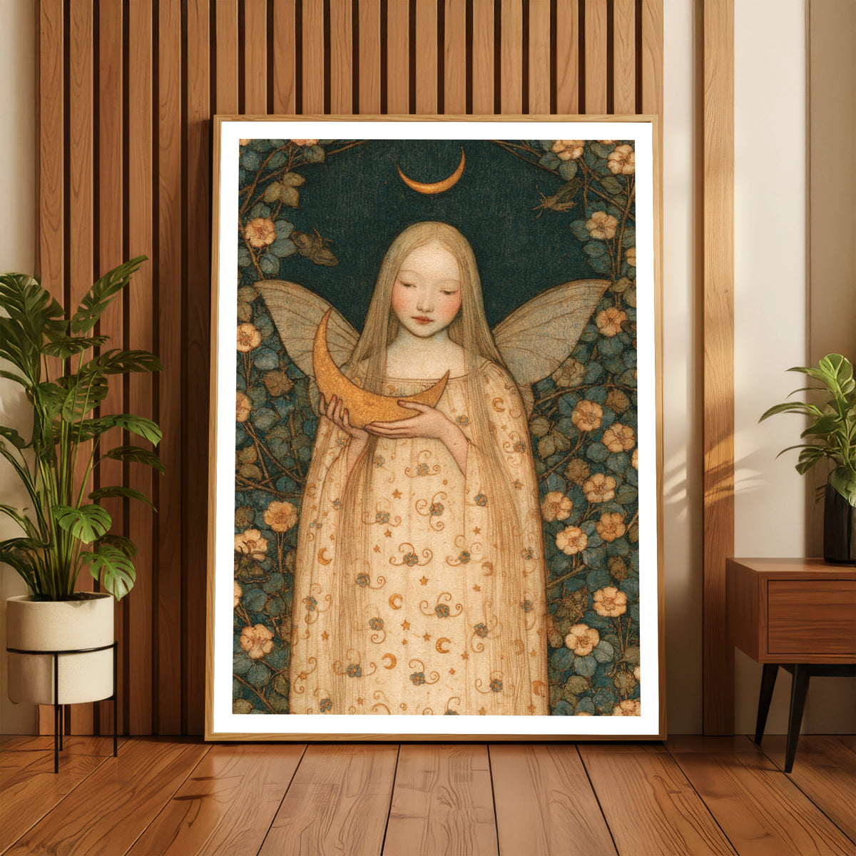Fairy Moon Poster, Classic Folk Art Print, Celestial Floral Wall Art, Mystical Fairy Girl Decor