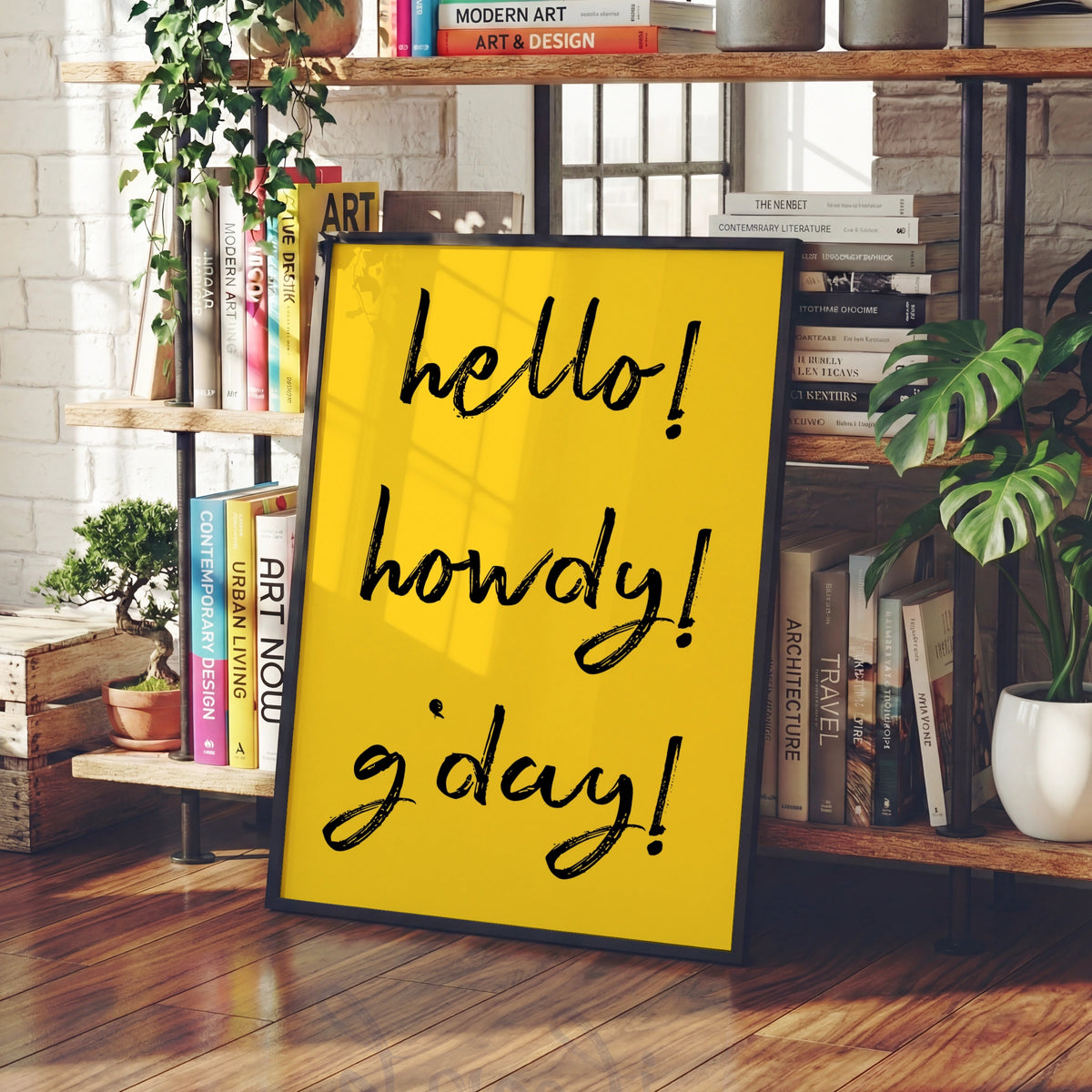 Hello Howdy G'day Typography Print, Bold Yellow Black Fun Quote Wall Art