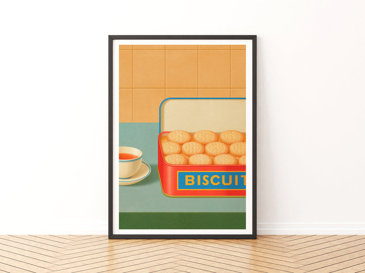 Vintage Food Poster Print, Biscuit Tin Tea Cup, Rustic Kitchen Decor, Retro Mid Century Risograph