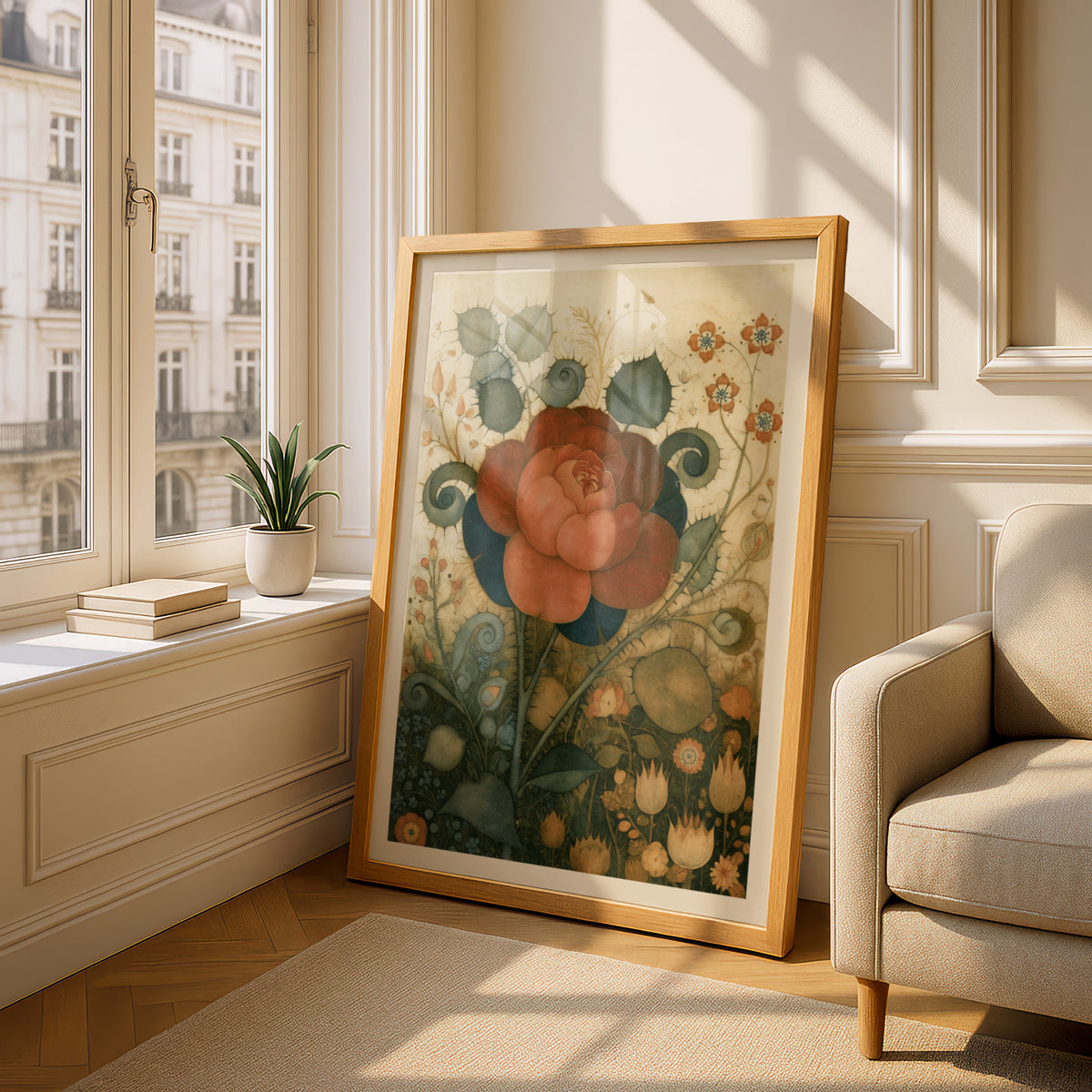 Vintage Rose Botanical Wall Art, Whimsical Floral Print, Rust Red Flower Poster, Cottage Garden
