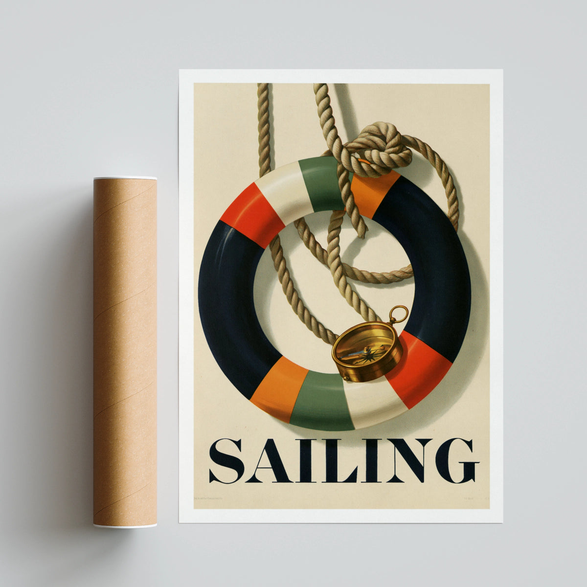 Retro Sailing Poster, Nautical Life Ring Compass Print, Vintage Navy Wall Art
