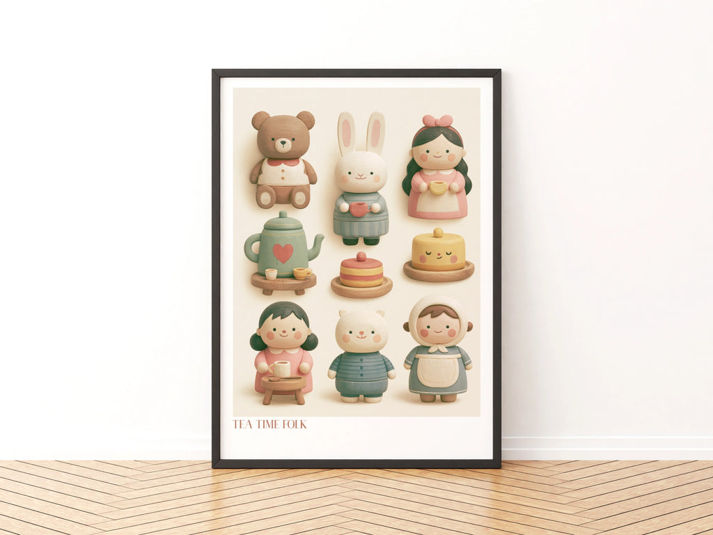 Tea Time Folk Retro Nursery Poster, Cute Wooden Toy Characters Children's Print, Kids Wall Art
