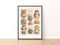 Tea Time Folk Retro Nursery Poster, Cute Wooden Toy Characters Children's Print, Kids Wall Art